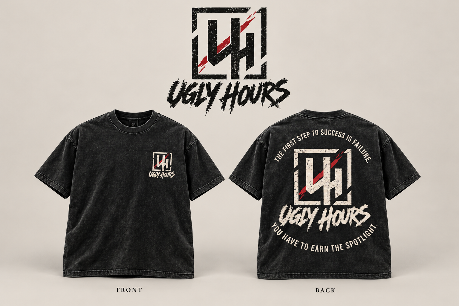 Ugly Hours signature washed-black T-shirt concept, with a small chest logo and large UH emblem on the back